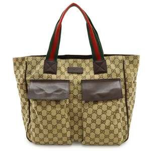 GUCCI GG Canvas Sherry Line Tote Bag, Large Shoulder Leather, Khaki Beige, Da...